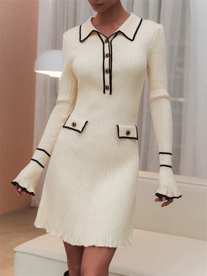 Lapel Long Sleeve Dress Women High Waist Color Block Knit Midi