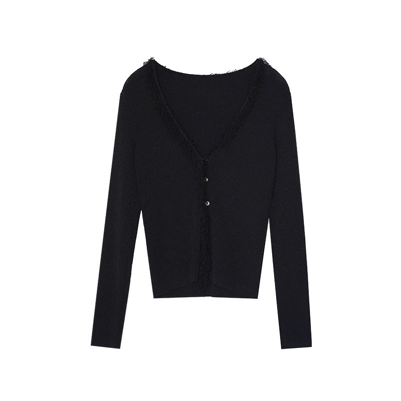 Early spring pure desire sweet hottie temperament long-sleeved fringed v-neck knitted sweater
