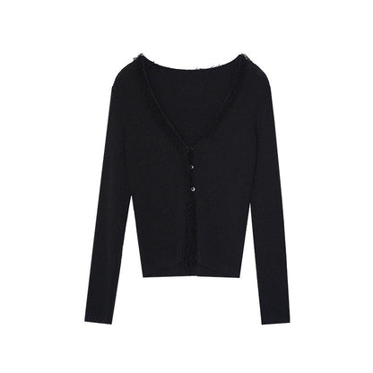 Early spring pure desire sweet hottie temperament long-sleeved fringed v-neck knitted sweater