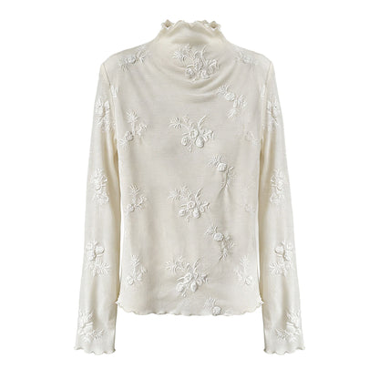 Gentle wind stand-up collar embroidered mesh bottoming shirt women's early spring new Korean inner top