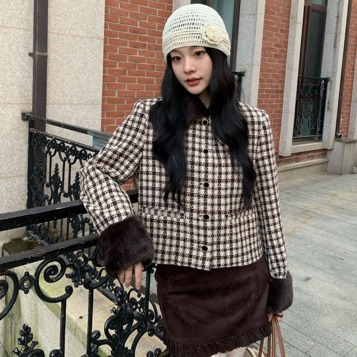 Retro exquisite fluffy lapel tweed short coat