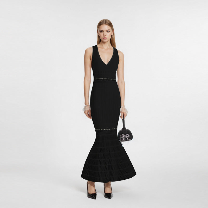V-Neck Sleeveless Dress Women High Waist Beaded Fishtail Midi