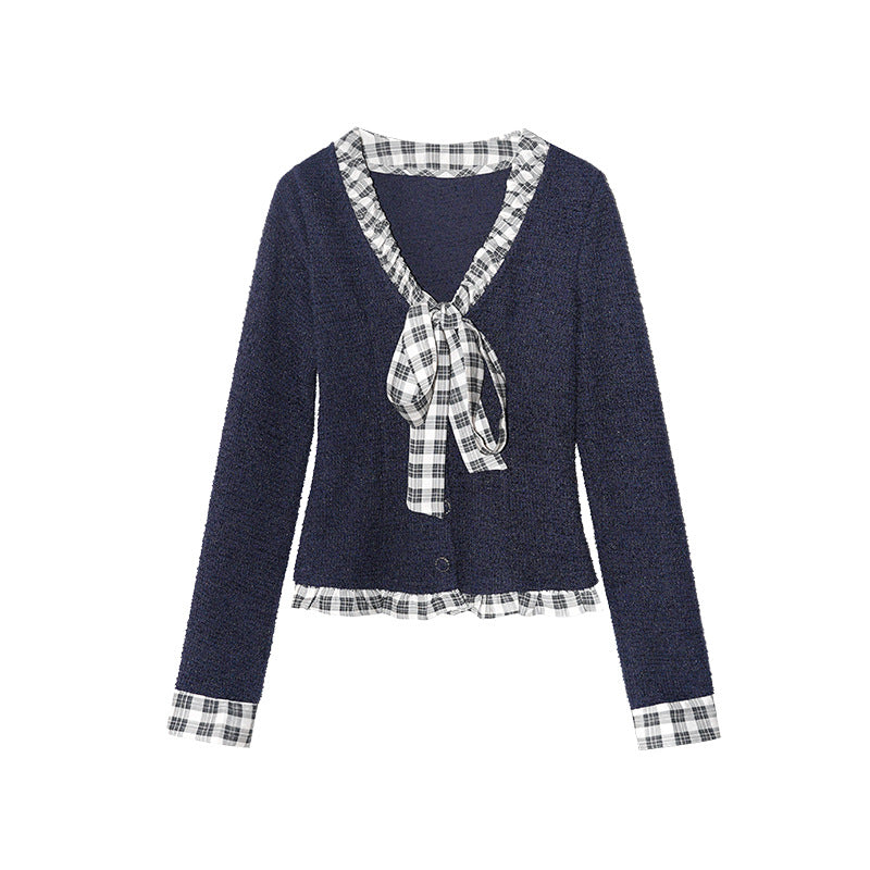 Sweet Bow Checked Ribbon Knitted Bottom Shirt