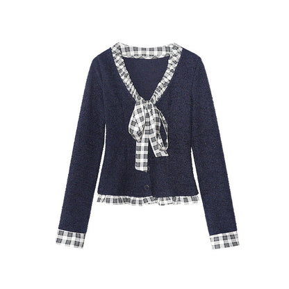 Sweet Bow Checked Ribbon Knitted Bottom Shirt