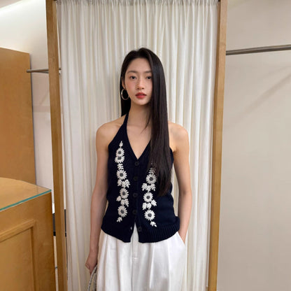 Spice girl sexy backless single-breasted jacquard neck knitted cardigan
