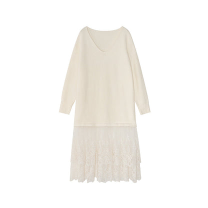 Gentle temperament atmosphere lace splicing sweater dress