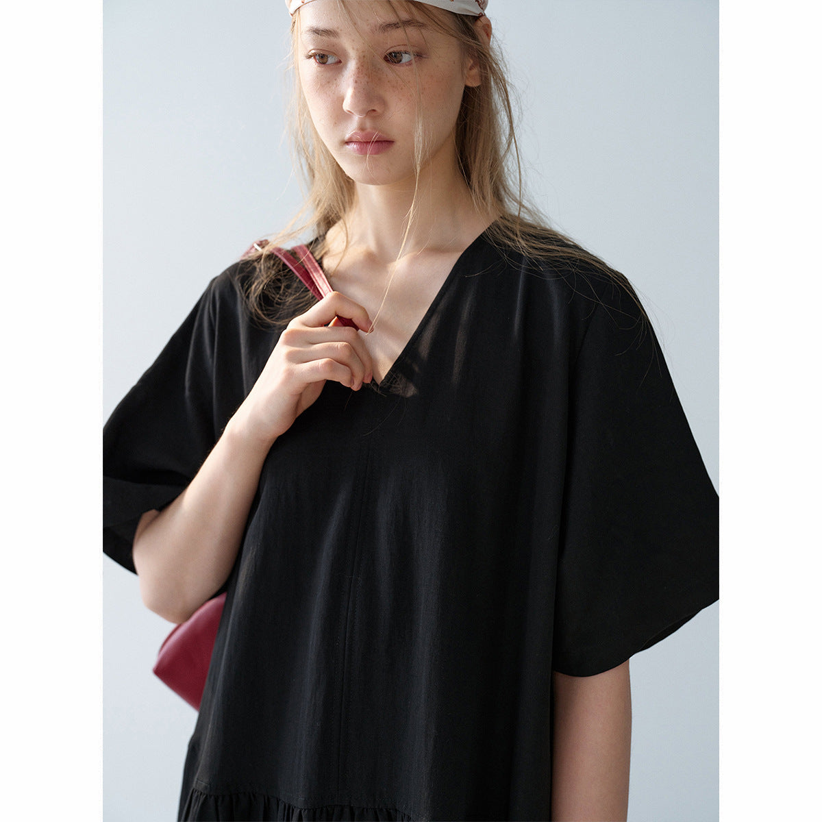 Summer new casual V-neck bamboo Tencel loose split long dress