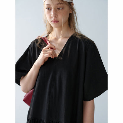 Summer new casual V-neck bamboo Tencel loose split long dress