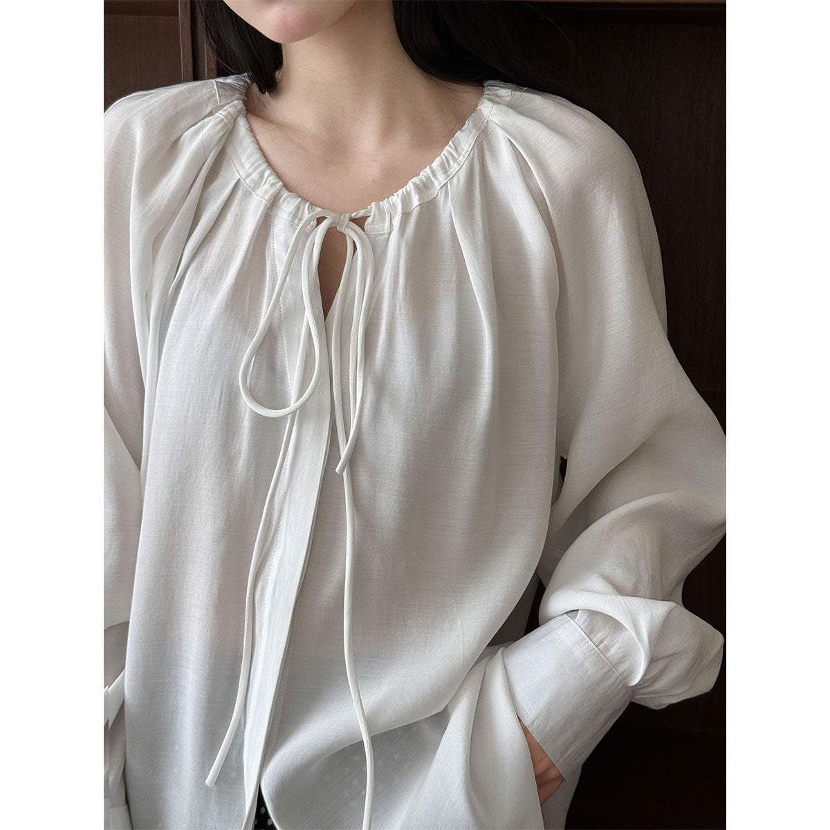 Tencel light and transparent neckline pleated lace-up shirt women's summer new shirt long-sleeved top