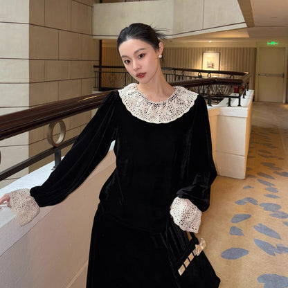 Gentle Wind Lace Splicing Long Sleeve Velvet Shirt