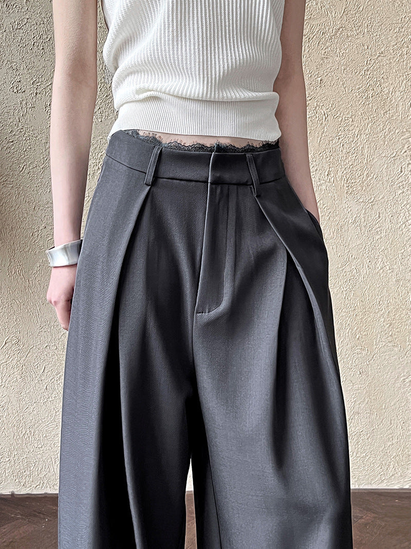 Vintage casual high-waisted lace splicing wide-leg suit pants women's spring drape straight floor trousers