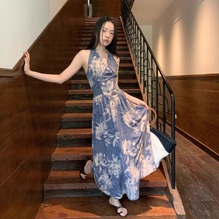 floral waist halterneck sleeveless dress