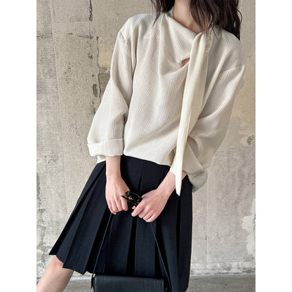 Retro temperament streamer texture shirt women's spring new lace-up slim commuter top