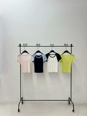 Spring Casual Tencel Hemp Crew Neck Versatile Contrast Color Short Knitted Pullover