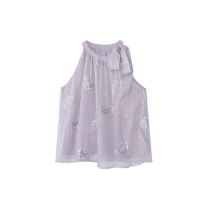 Sweet age-reducing shirt design streamer neck sleeveless top