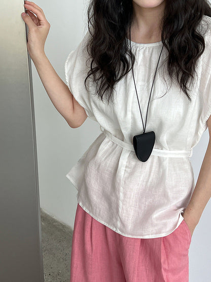 Tencel linen crew neck waist shirt women's summer new sleeveless vest upper belt short-sleeved shirt