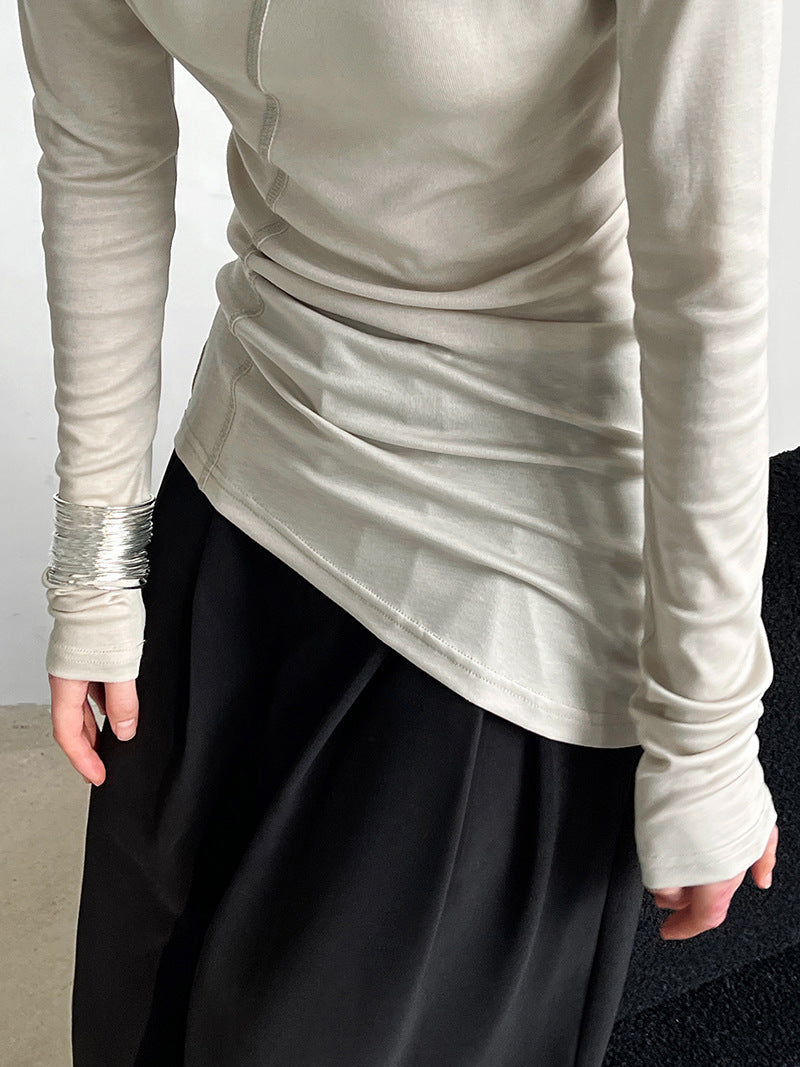 Korean irregular slim-fit T-shirt women's spring new cutting line pile wrinkled bottoming shirt top