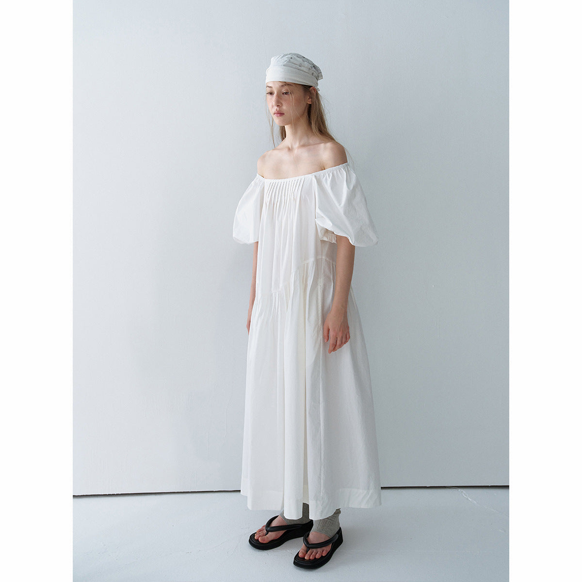 Summer new casual square collar cotton long loose tucker pleated long proportion dress
