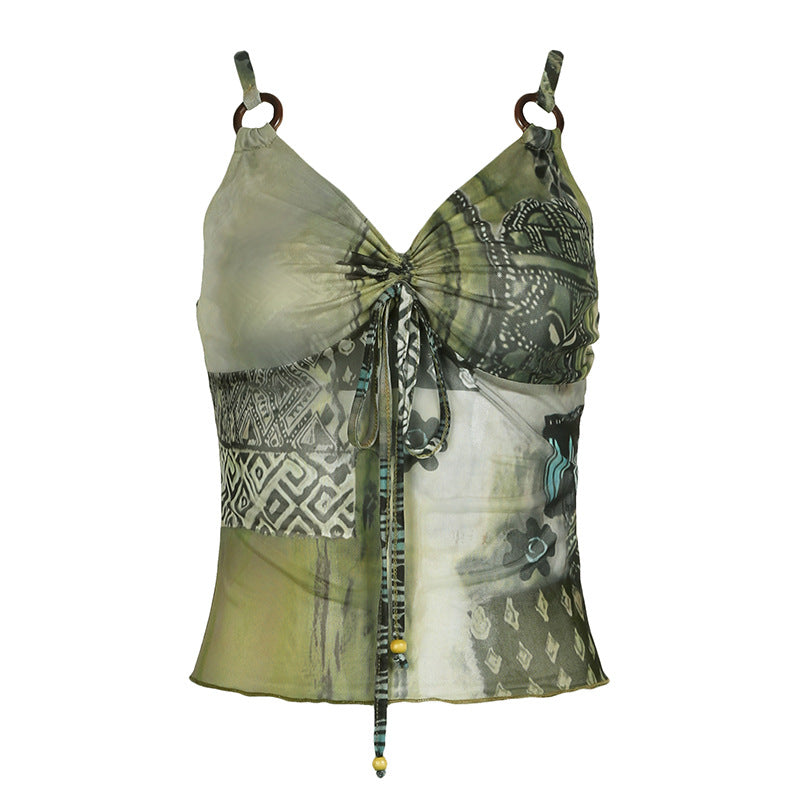 Retro V-Neck Cami Top with Drawstring Detail