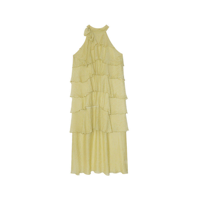 Women's Stand Collar Ruffle Tiered Sleeveless Tencel Maxi Dress