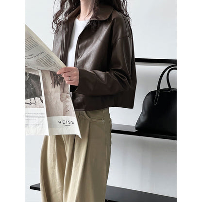 Cool and handsome high-end sense~ lapel leather jacket women's spring and autumn port style pu leather jacket locomotive top tide