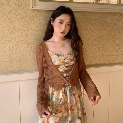 Thin skin-friendly and breathable outer lace-up hollow knitted sweater