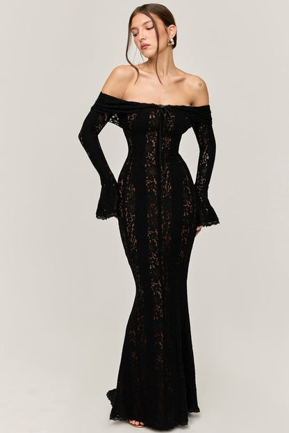 New sexy one-word shoulder lace dress temperament tube top long dress slim fishtail dress