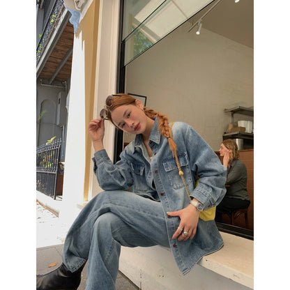 Early spring retro Hong Kong style pants, thin fashion washed denim suit