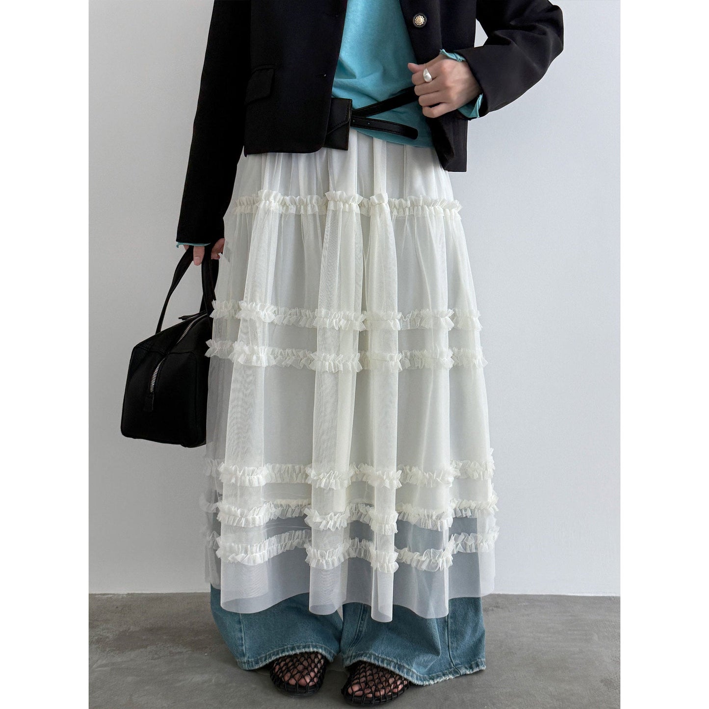 High-end fungus edge gentle temperament mesh long skirt women's spring new A-line cake skirt
