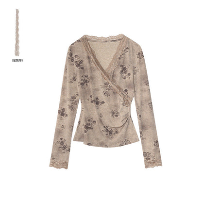 Beautiful slim-fit lace-trimmed streamer v-neck long-sleeved bottoming shirt