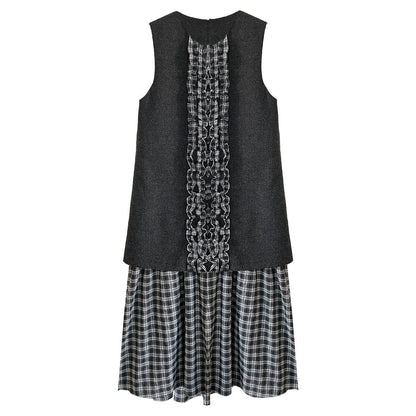 Japanese plaid fungus edge fishtail dress autumn and winter temperament petal woolen vest skirt