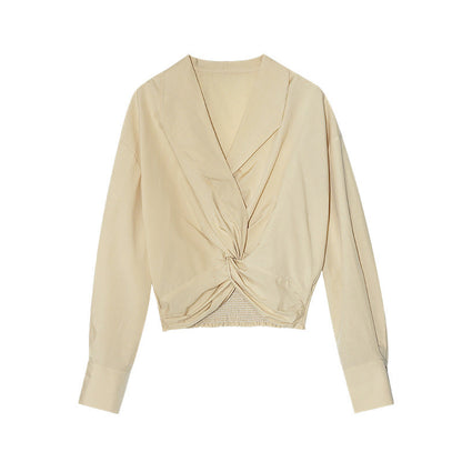 Temperament Design Sense Tencel Cotton Kink Waist Shirt