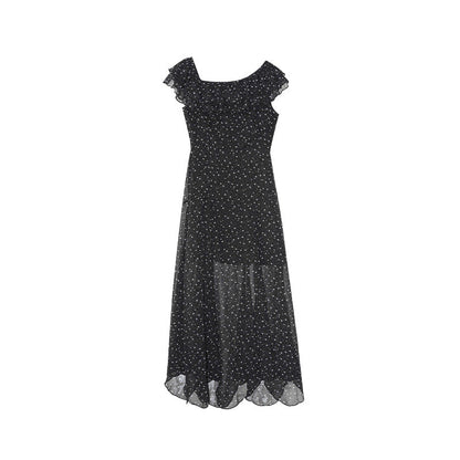 Summer French chiffon temperament polka dot long dress ruffle edge slanted shoulder dress