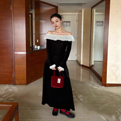 Elegant pleated slim-fitting ruffle-edged velvet shirt