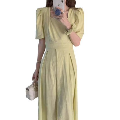 U-Neck Cotton Linen Dress Women Puff Sleeve Mid-Waist Long Skirt