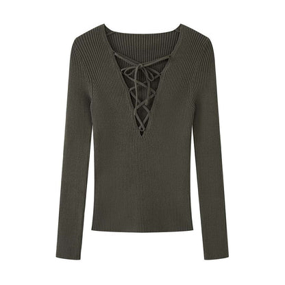 Modern cross-strap V-neck short knitted sweater slim-fitting top