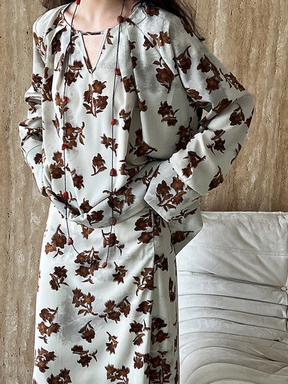 French high-end long-sleeved floral shirt + A-shaped split skirt two-piece set of relaxation suit for women