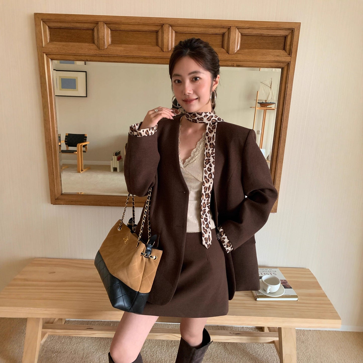 Women's Leopard Print V-Neck Pocket Loose Long Sleeve Blazer