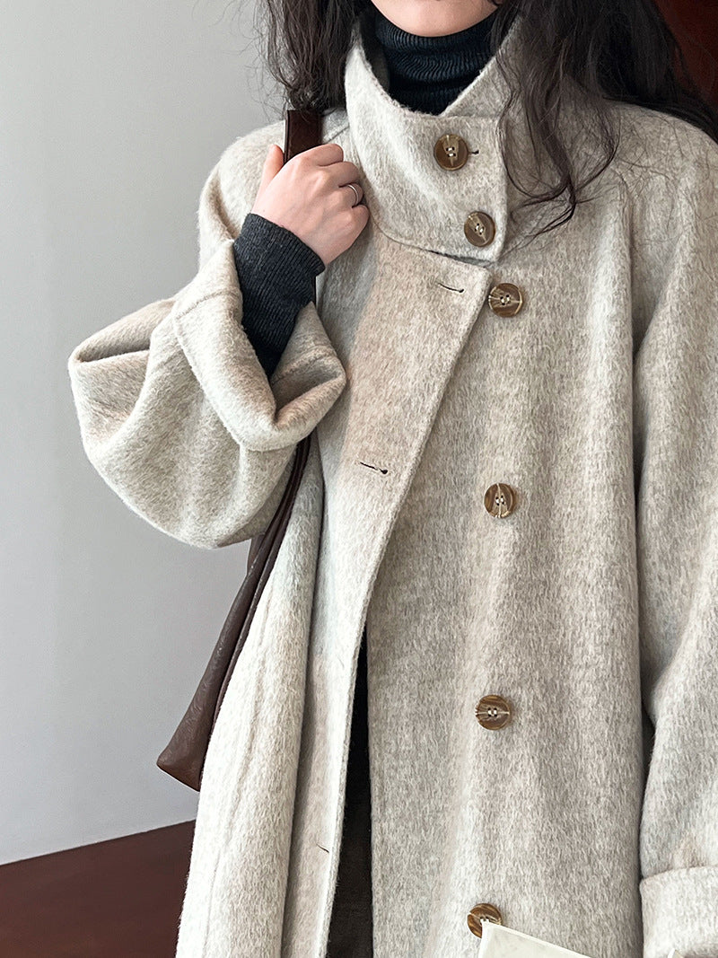 Korean high-end stand-up collar double-sided woolen coat women's medium and long style