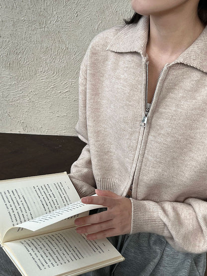 High-end short double zipper sweater jacket women's autumn knit cardigan polo lapel top