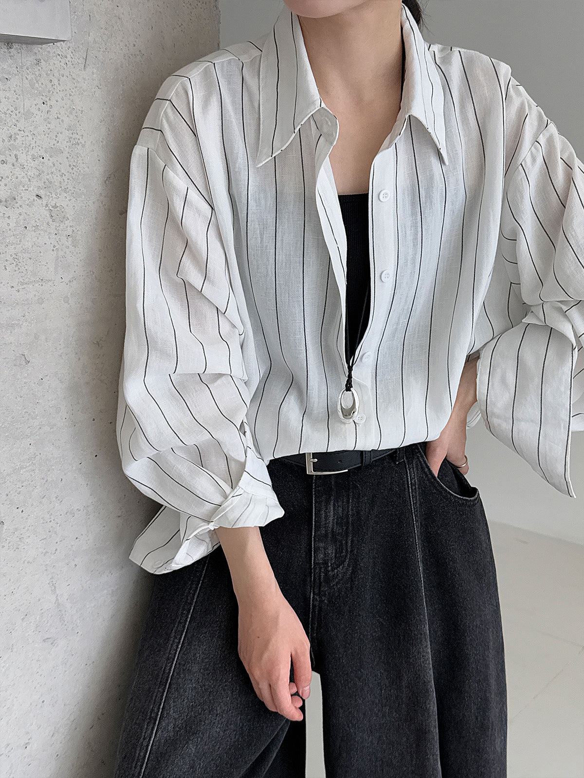 Korean casual temperament striped linen long-sleeved shirt jacket women's early autumn new old money style top