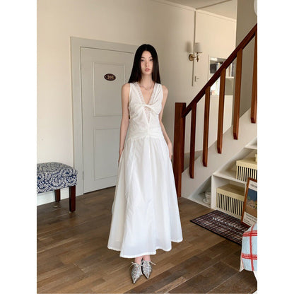 V-Neck Sleeveless Dress Women High Neck Lace A-Line Midi