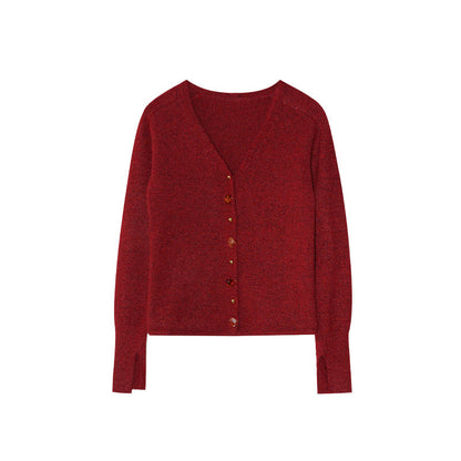 Gentle color button knitted sweater slim V-neck cardigan sweater