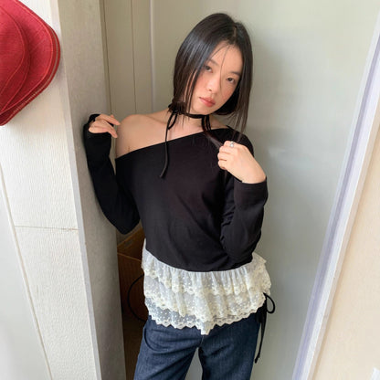 Lace Splicing Long Sleeve Slash Shoulder T-Shirt Top