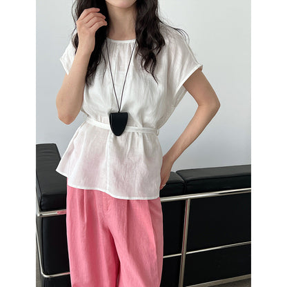 Tencel linen crew neck waist shirt women's summer new sleeveless vest upper belt short-sleeved shirt