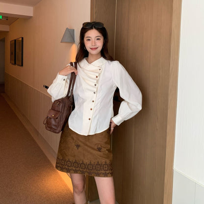 Irregular design waist lapel long-sleeved shirt