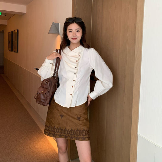 Irregular design waist lapel long-sleeved shirt