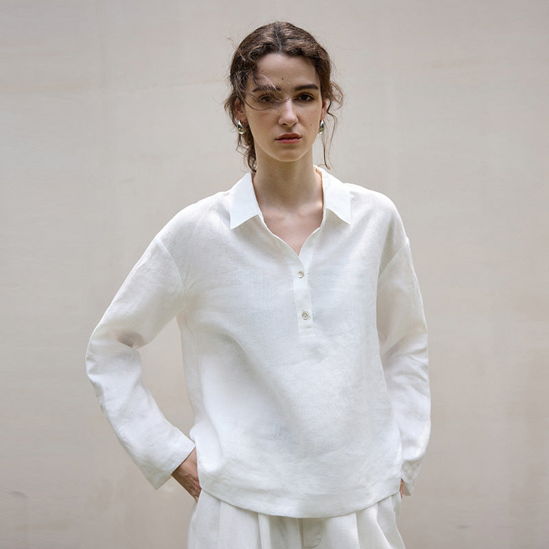 Linen Long Sleeve Polo Collar Shirt