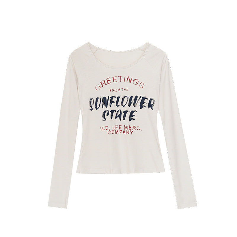 Versatile English letter print T-shirt women's long-sleeved U-neck top