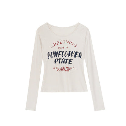 Versatile English letter print T-shirt women's long-sleeved U-neck top